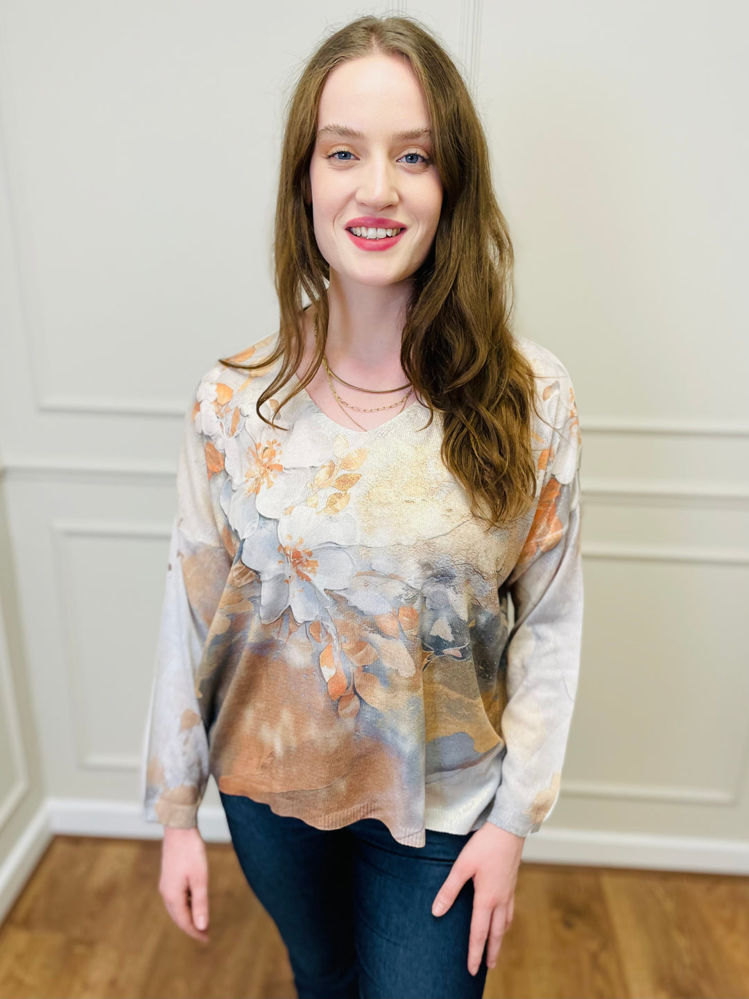 "AUTUMN" Floral Print Fine Knit-Cream & Mocha