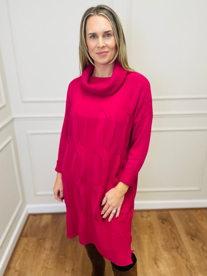 "BELINDA" Cable Knit Roll Neck Dress-Pink