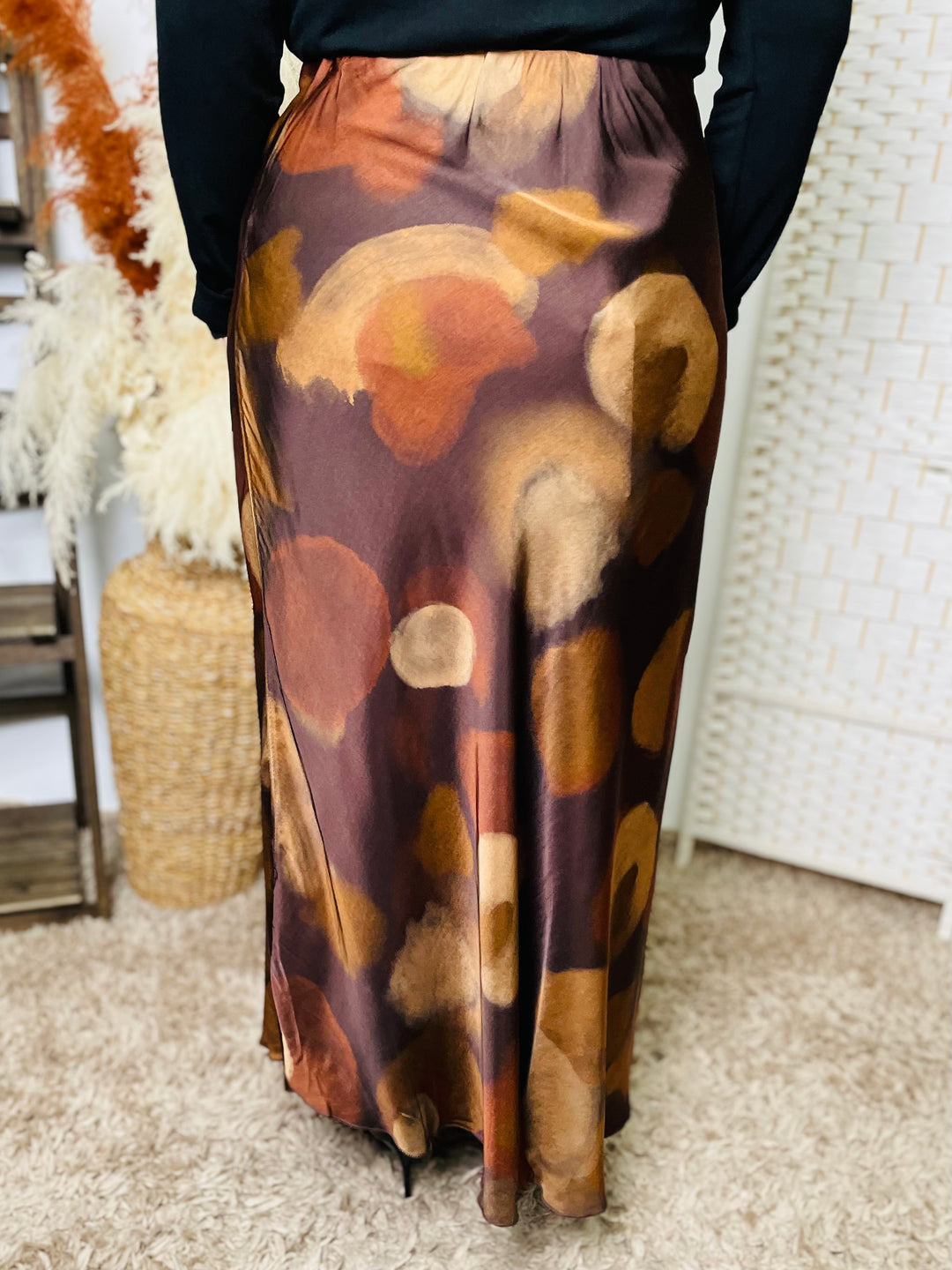 "NARA" Artistic Print Maxi Skirt-Brown