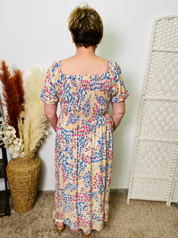 "CYNTHIA" Floral Print Dress-Cream & Multicolour