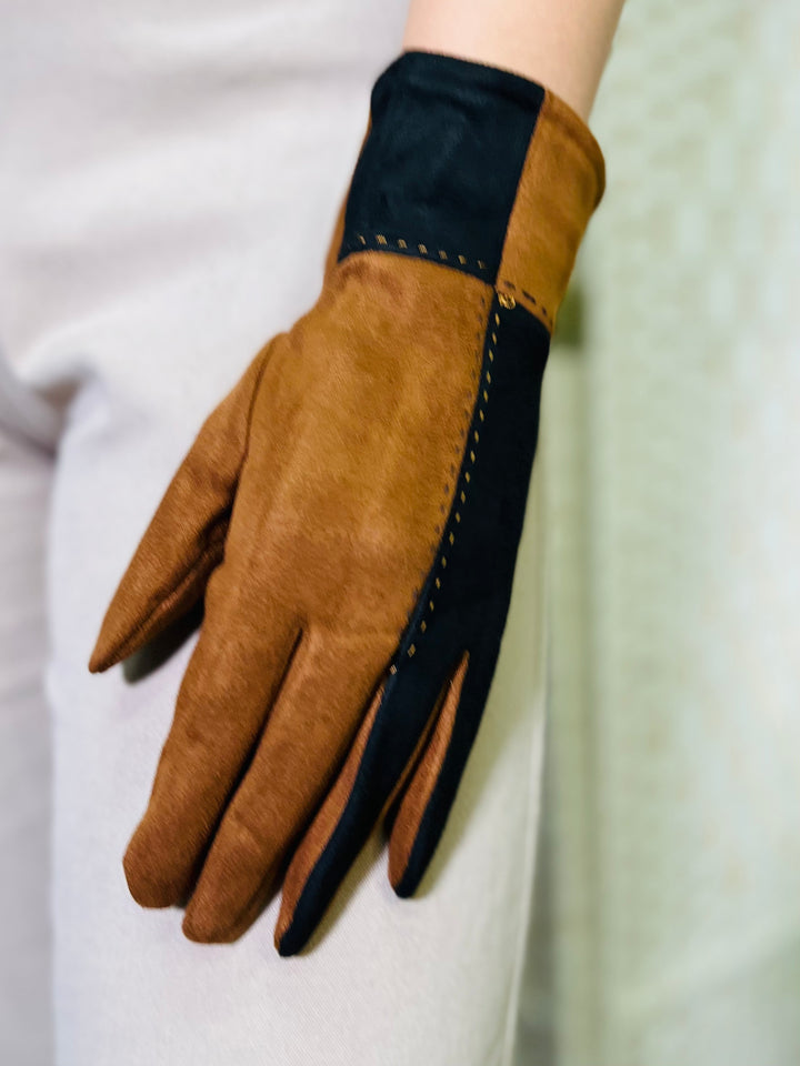 Block Print Gloves-Tan & Black