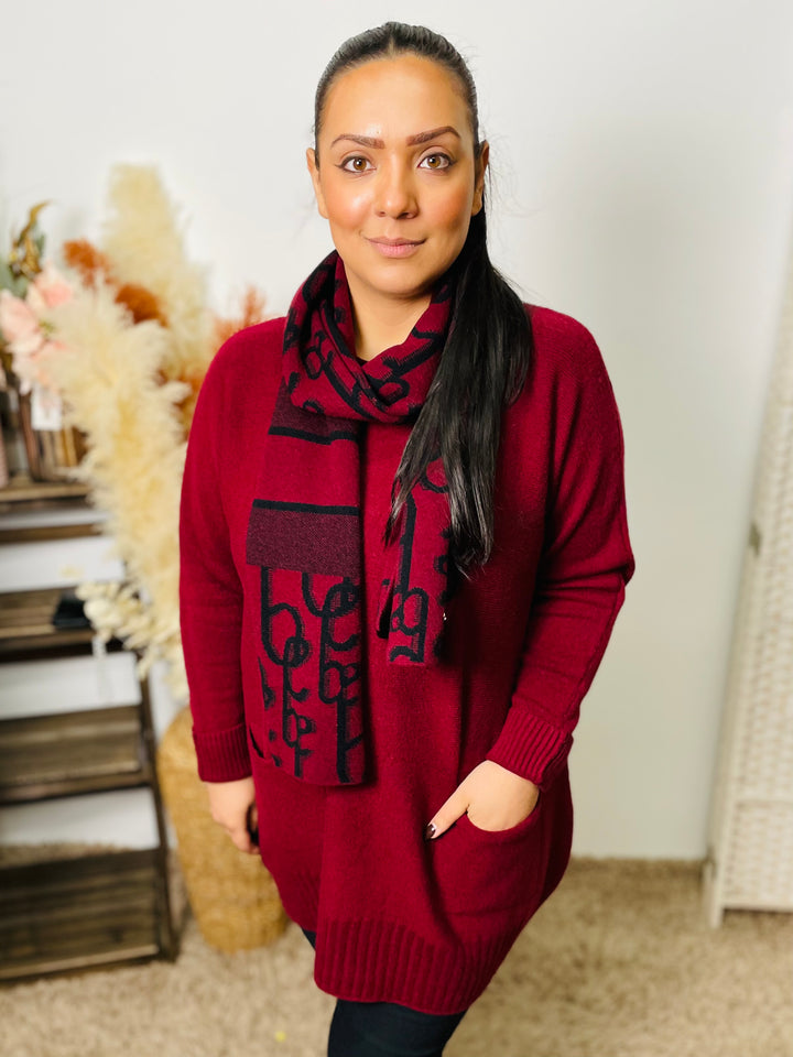 "FREYA" Jumper With Complimentary Scarf-Burgundy