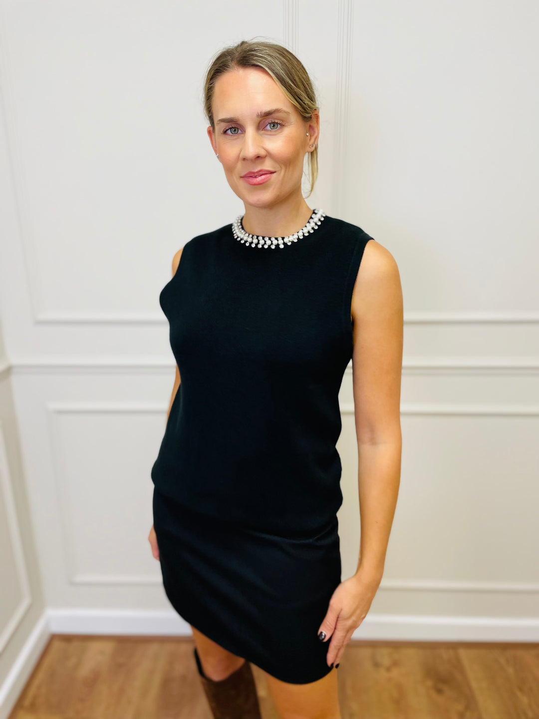 "SCARLET” Embellished Knit Top-Black