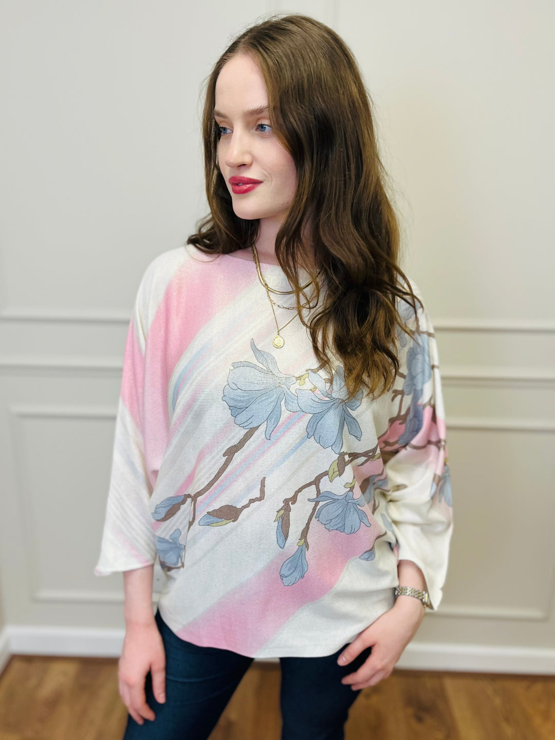 "SPRING" Floral Print Fine Knit-Cream & Pink