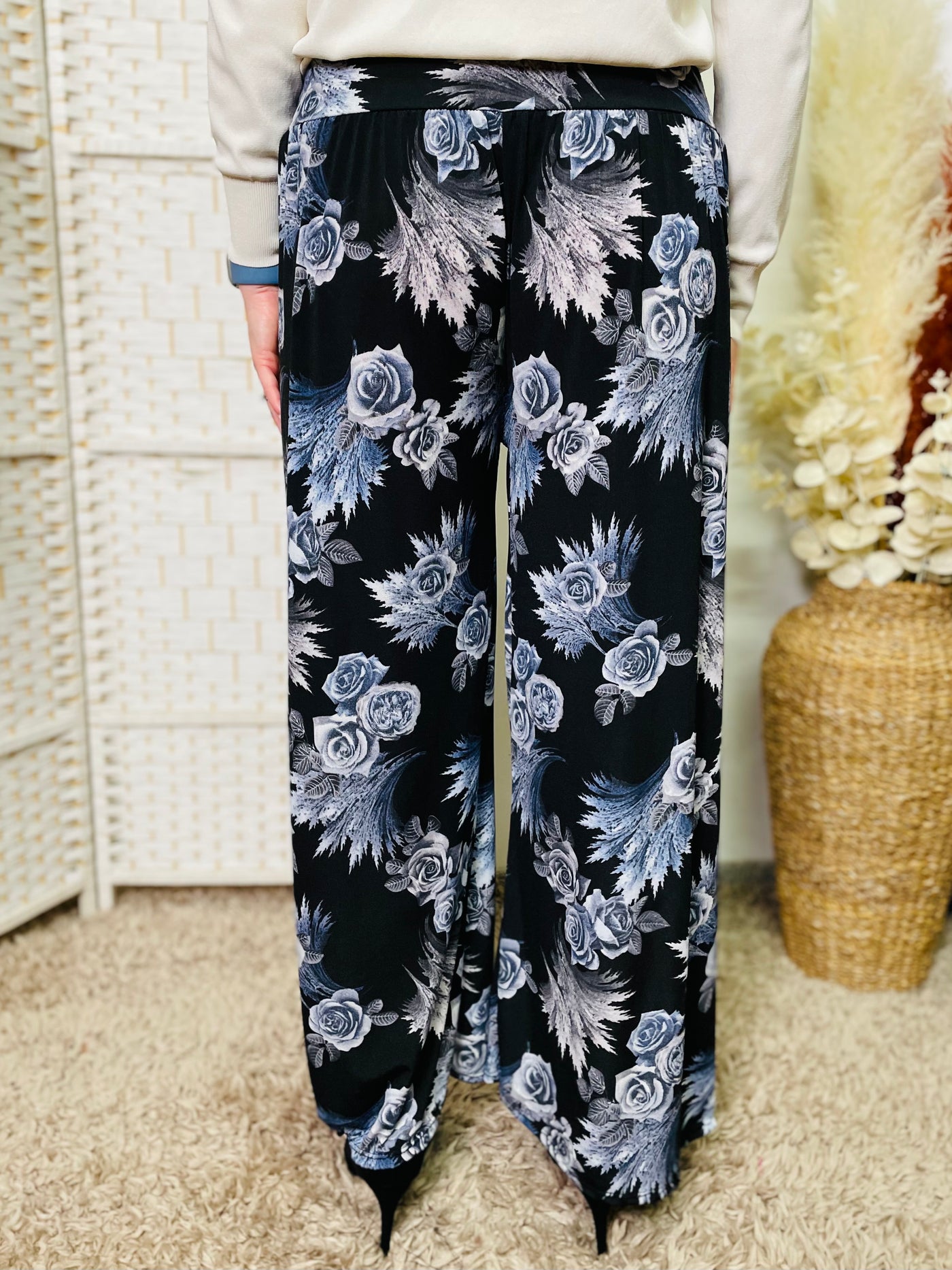 "ROSA" Floral Print Trousers-Black & Blue