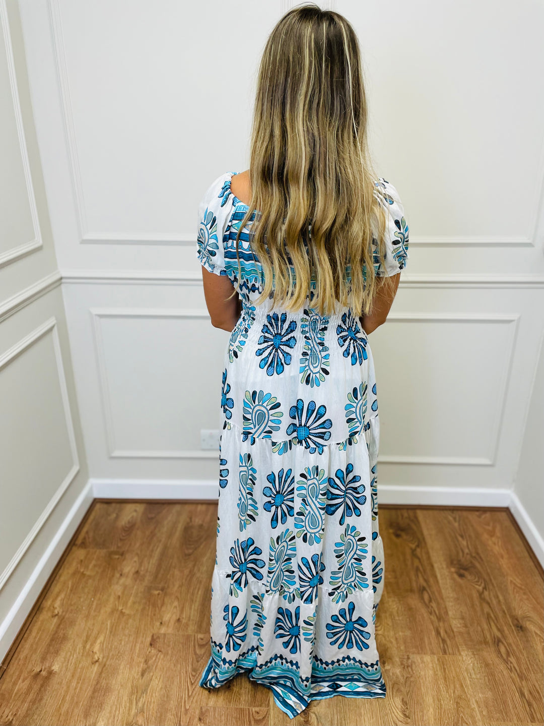 "MATILDA" Artistic Print Maxi Dress-White & Blue