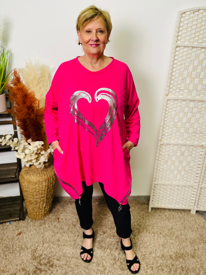 "LAURA" Heart Print Sweat Top-Hot Pink