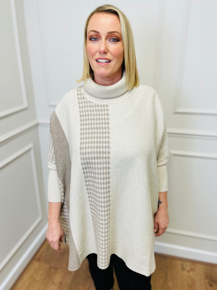 "DANIELA" Houndstooth Print Poncho-Cream & Mocha