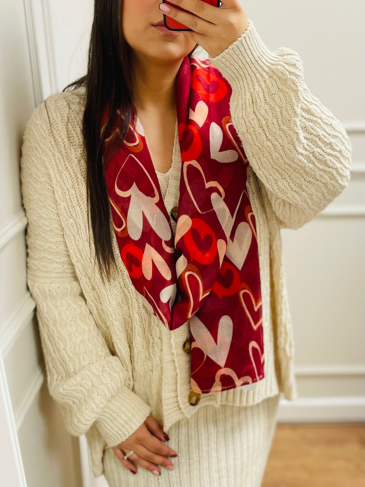 No.112 Heart Print Scarf-Burgundy & Cream