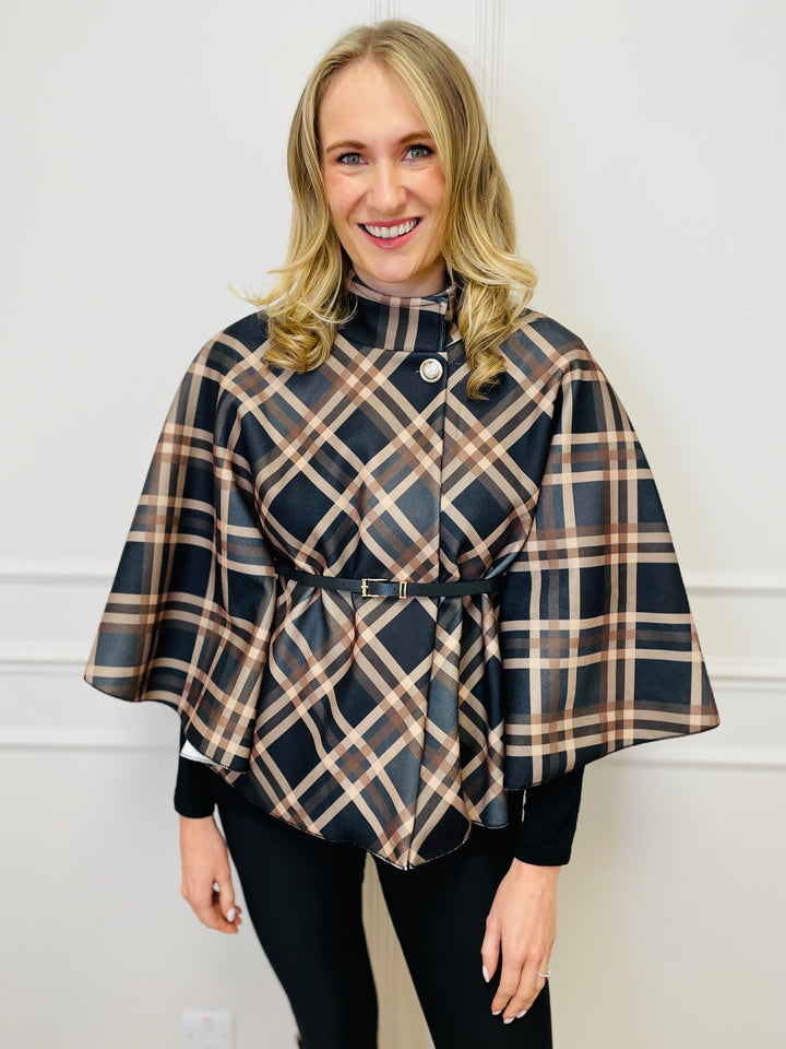 "LORELAI" Check Print Cape Coat-Black & Tan