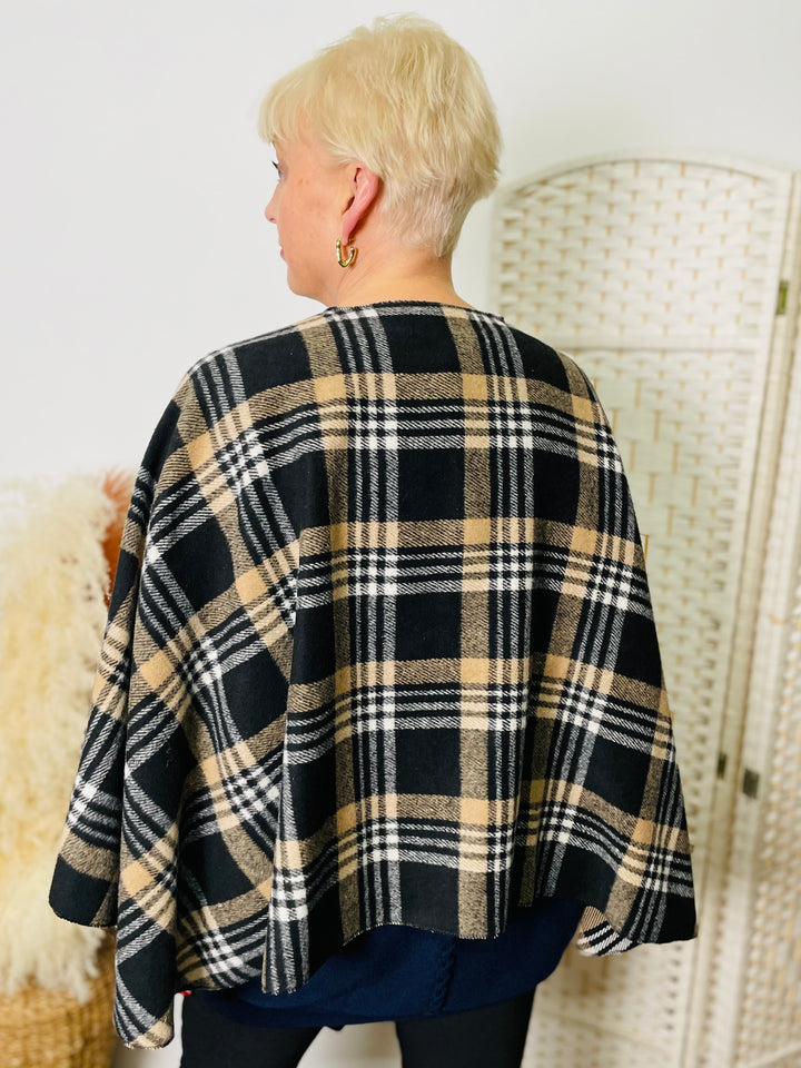 Check Print Wrap Over Cape-Black & Tan