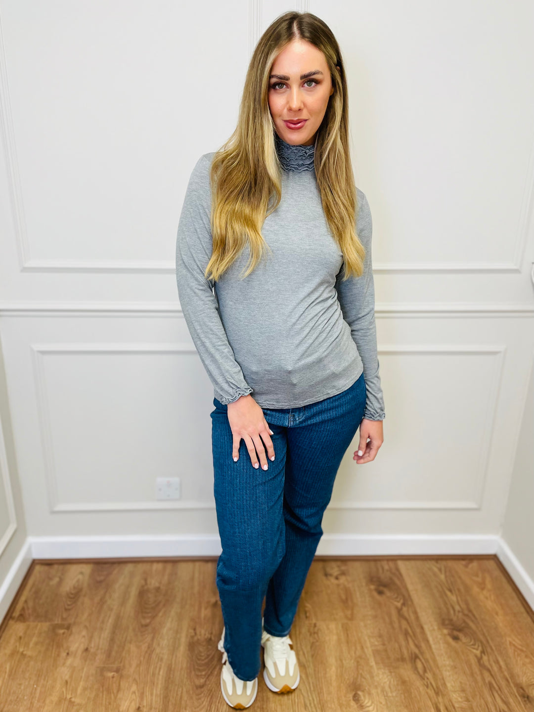 "LIVIA" Ruffle Polo Neck Top-Silver