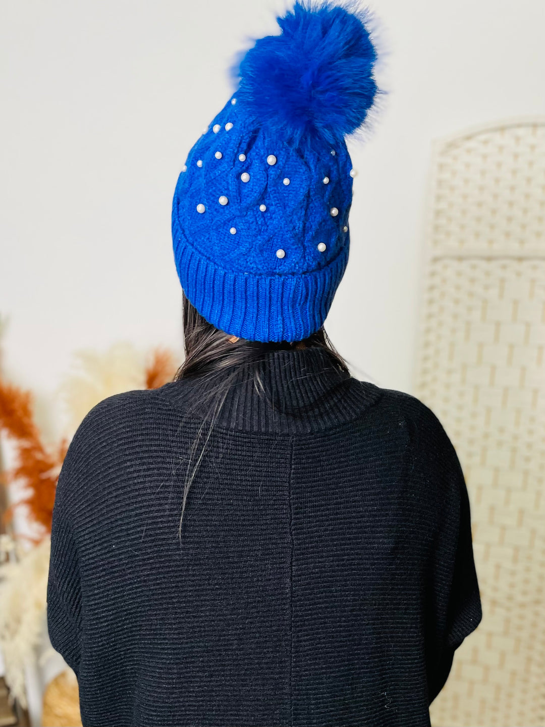 Pearl & Faux Fur Pom Hat-Blue