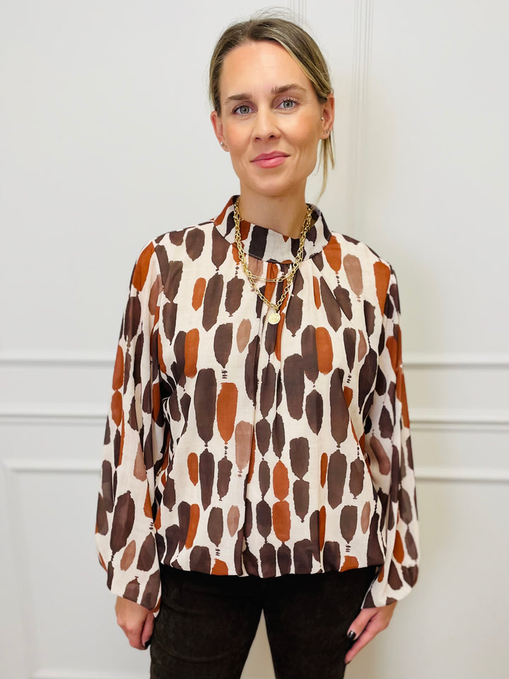 "TERESA" Abstract Print Blouse-Cream & Cinnamon