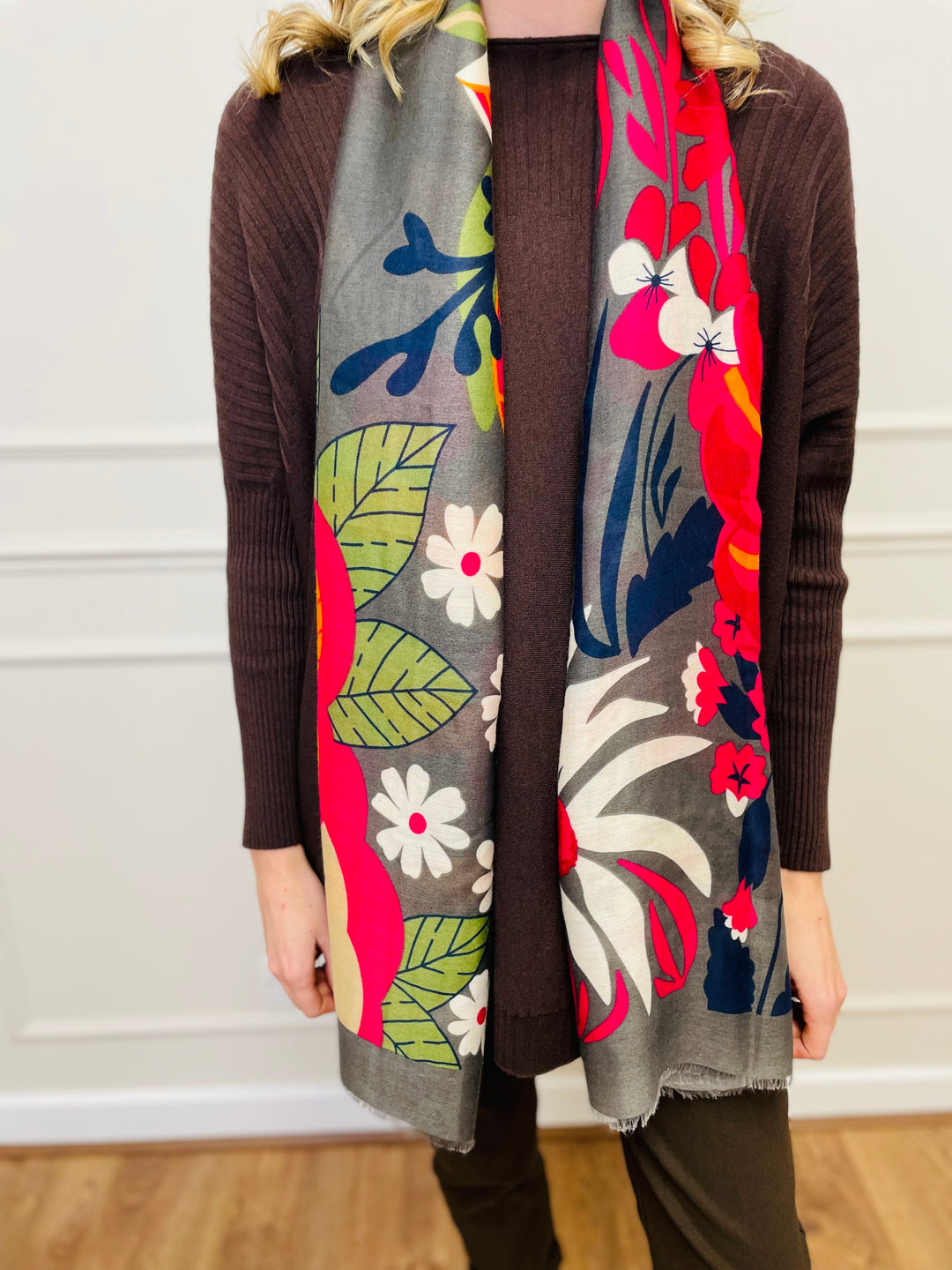 No.117 Floral Print Scarf-Grey & Multicolour