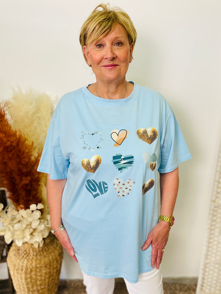 "THEA" Heart Print T-Shirt-Baby Blue