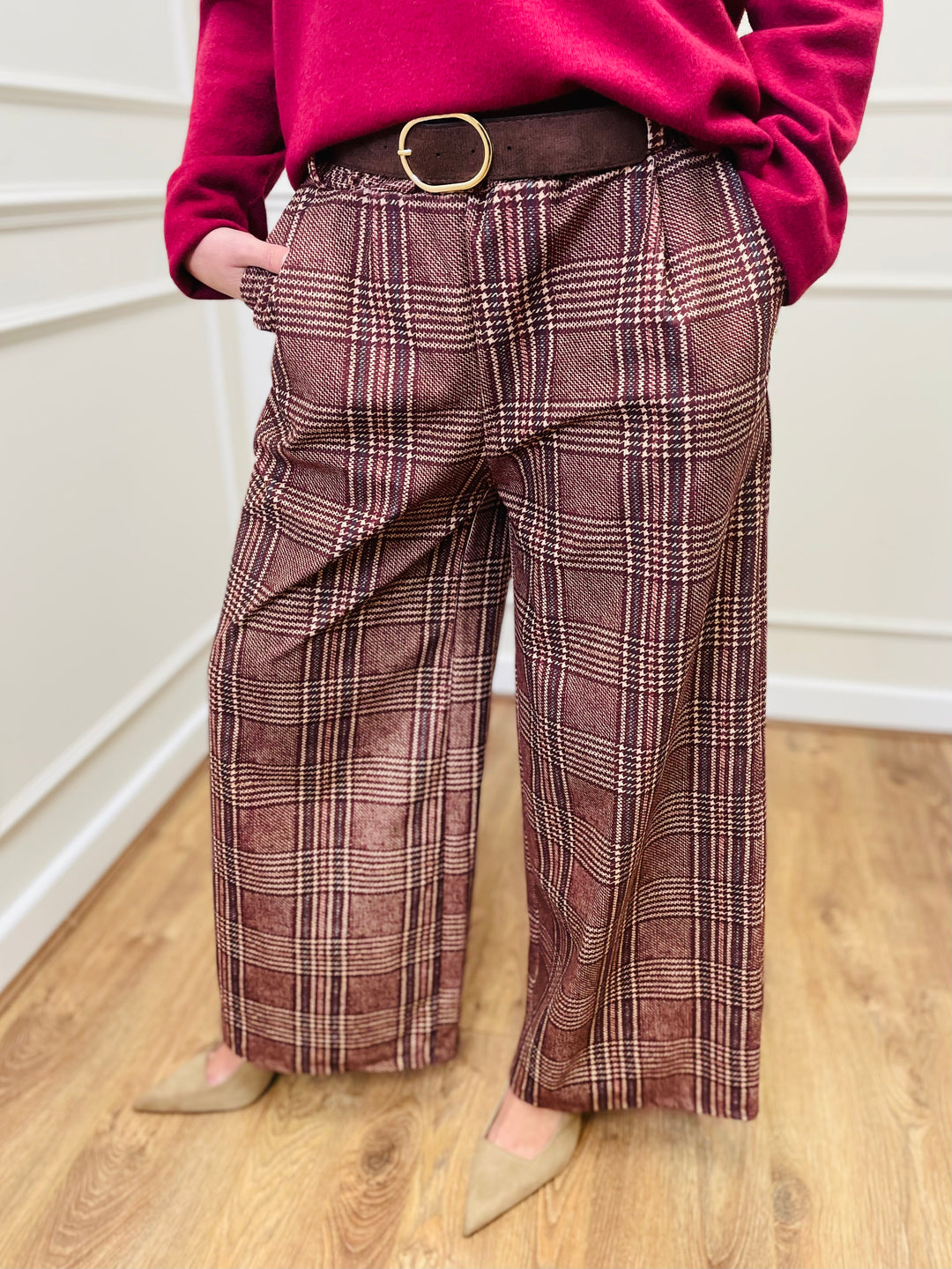 "ALANI" Check Print Trouser-Burgundy/Cream & Navy