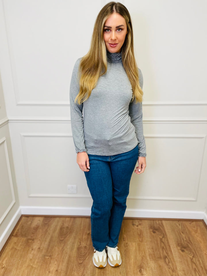 "LIVIA" Ruffle Polo Neck Top-Silver