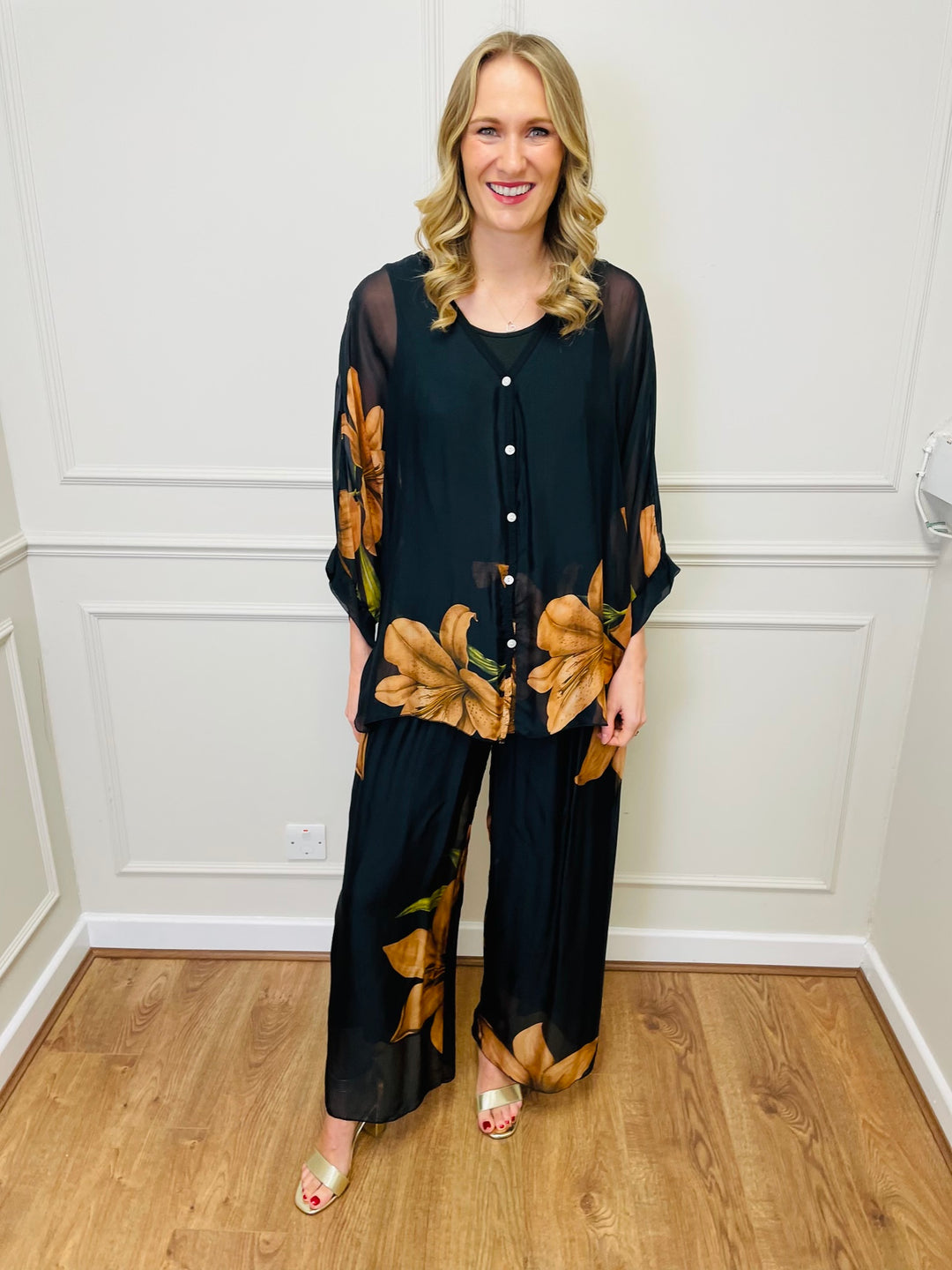 Floral Chiffon Co-Ord Set-Black & Orange