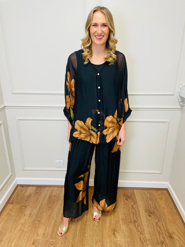 Floral Chiffon Co-Ord Set-Black & Orange