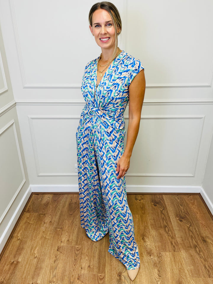 "CHLOE" Artistic Print Jumpsuit-White & Blue