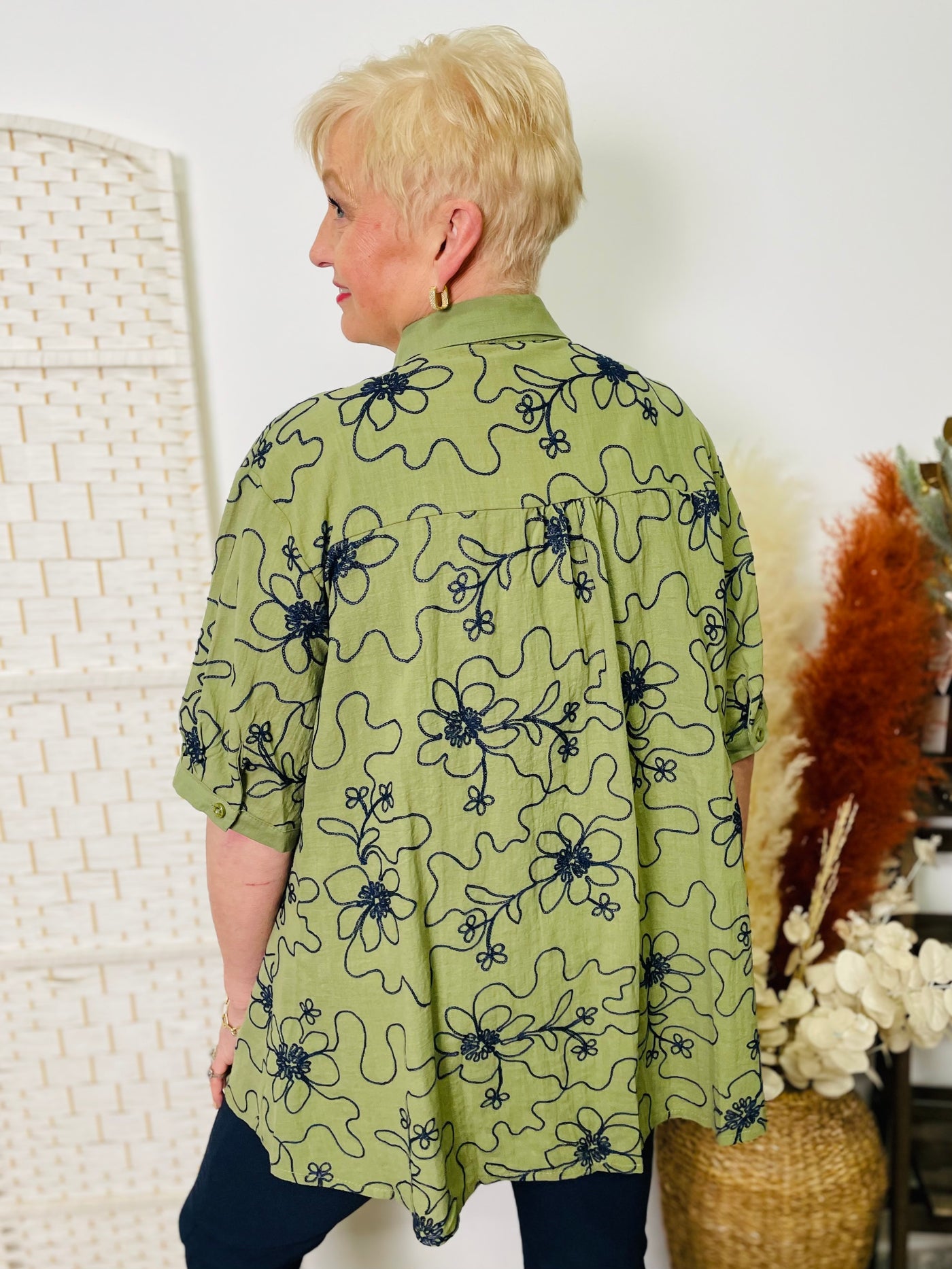 "CARISSA” Floral Print Shirt-Khaki Green & Navy