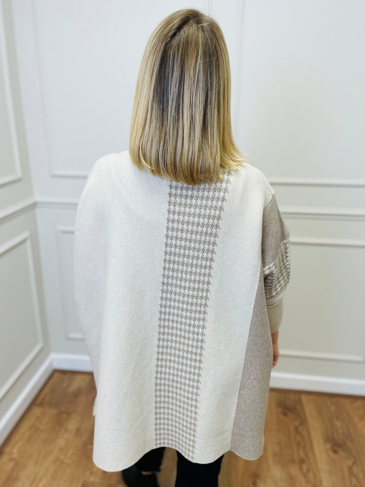 "DANIELA" Houndstooth Print Poncho-Cream & Mocha
