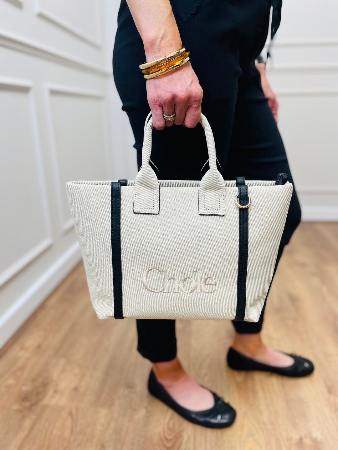 Structured Canvas Tote-Cream Black - Main Image