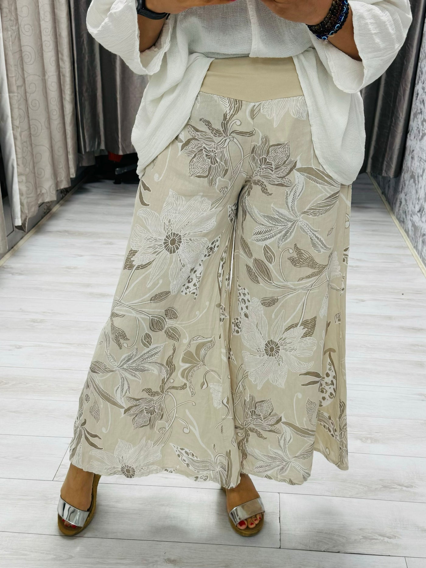 "IVY" Floral Print Trousers-Stone & White
