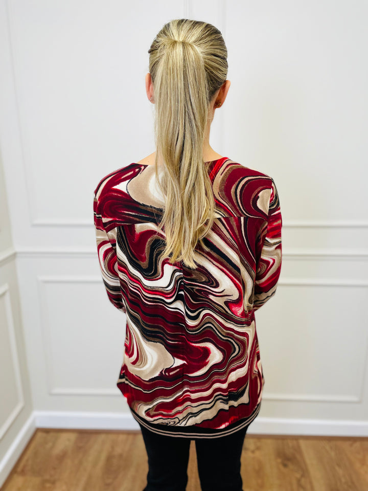 "ANNA" Printed Blouse-Burgundy & Tan