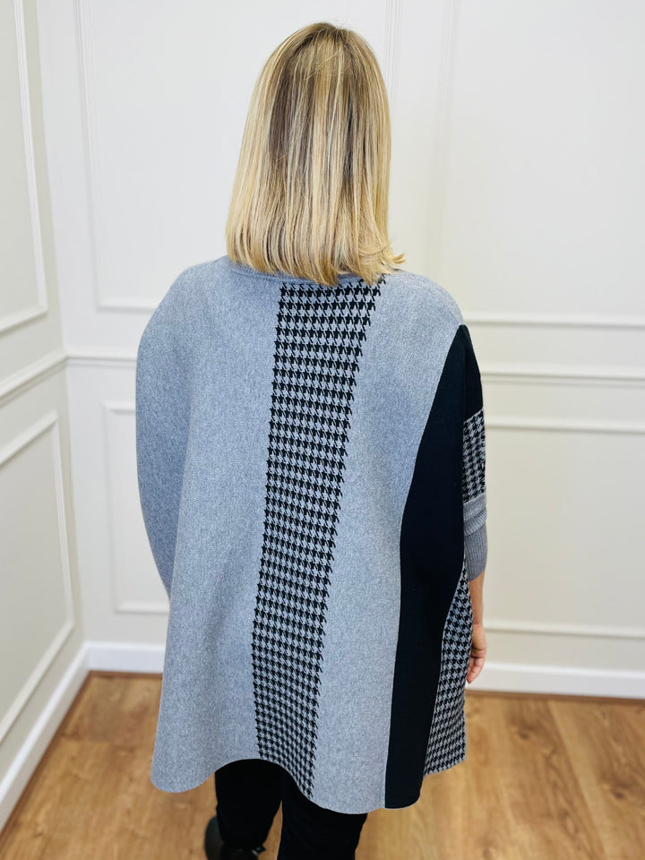 "DANIELA" Houndstooth Print Poncho-Grey & Black