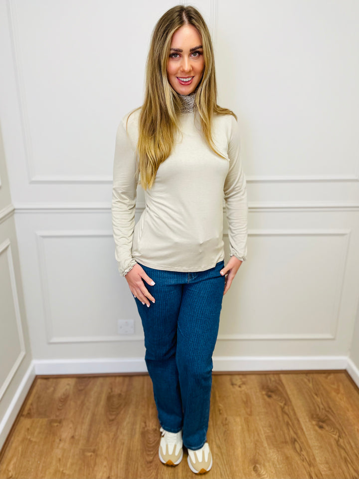 "LIVIA" Ruffle Polo Neck Top-Cream