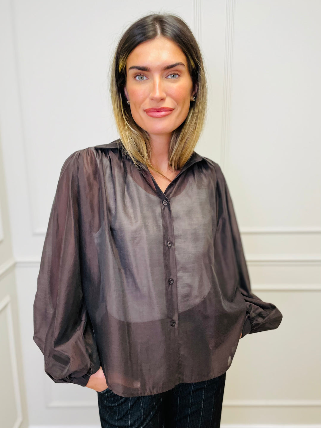 "AMELIA” Sheer Shirt-Brown