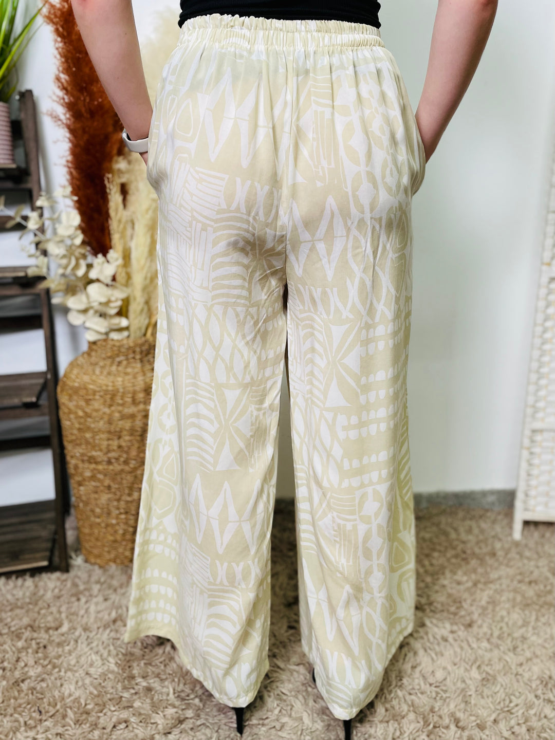 "ALEXA" Artistic Print Trousers-Cream & White