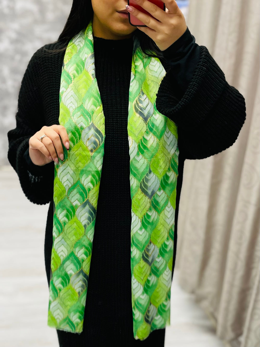 No.90 Leaf Print Scarf-Green