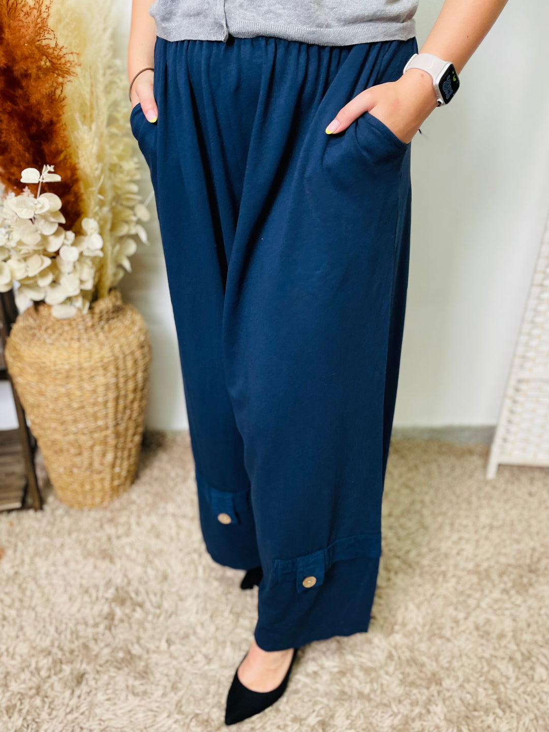 "GWEN" Wide Leg Cotton Trousers-Navy