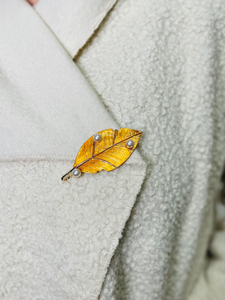 Gold & Pearl Leaf Brooch