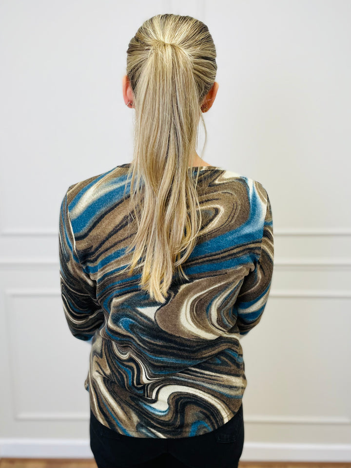 "ANNA" Printed Jersey Top-Teal & Tan