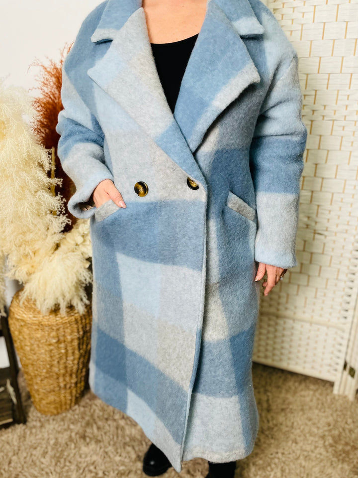 "EVELYN" Check Print Coat-Blue