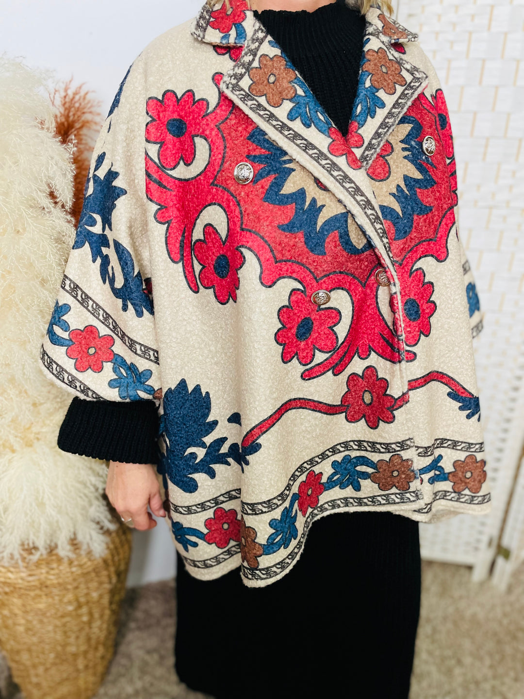 "RUBY" Artistic Print Cape Coat-Multicolour