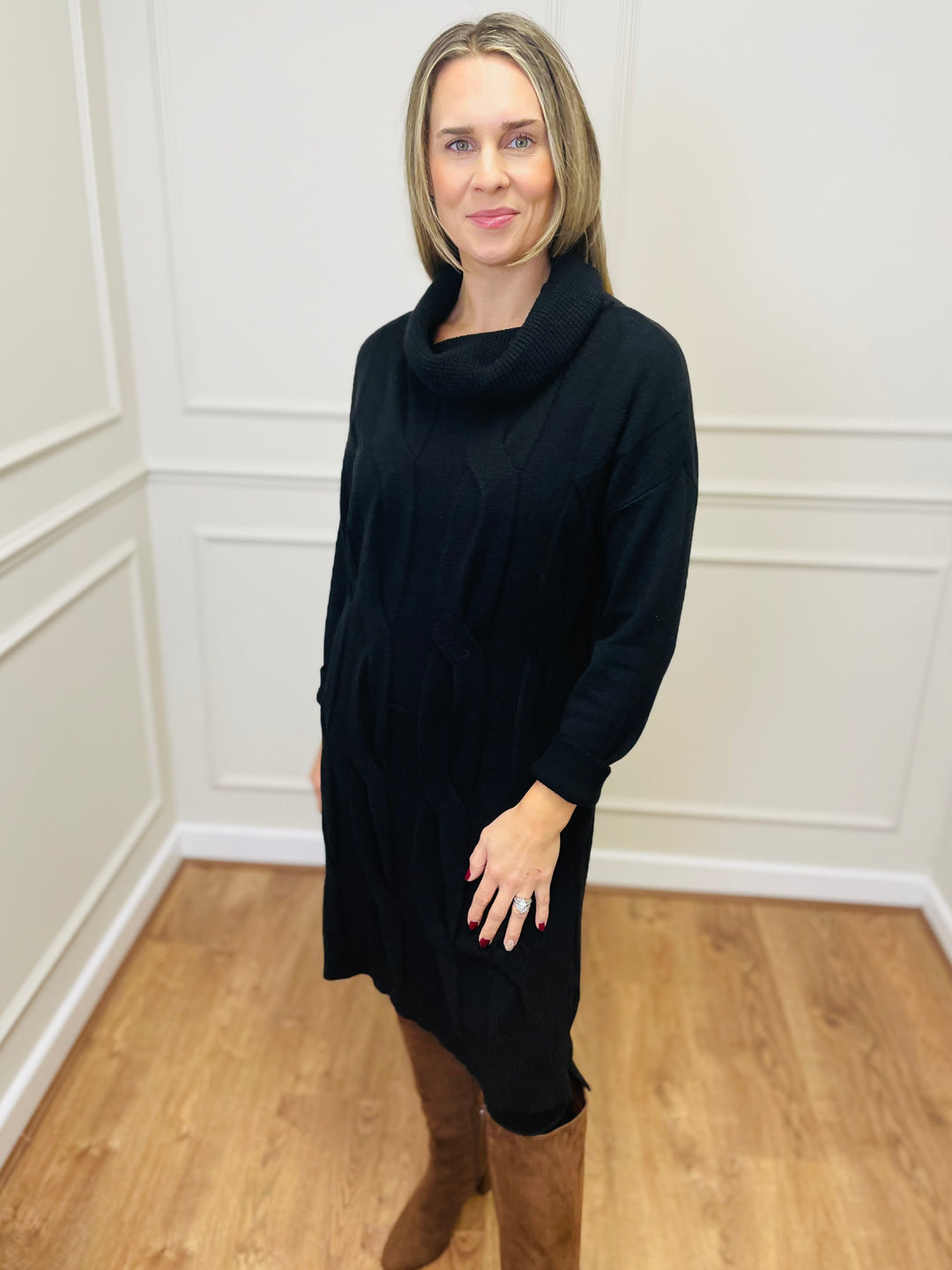 "BELINDA" Cable Knit Roll Neck Dress-Black