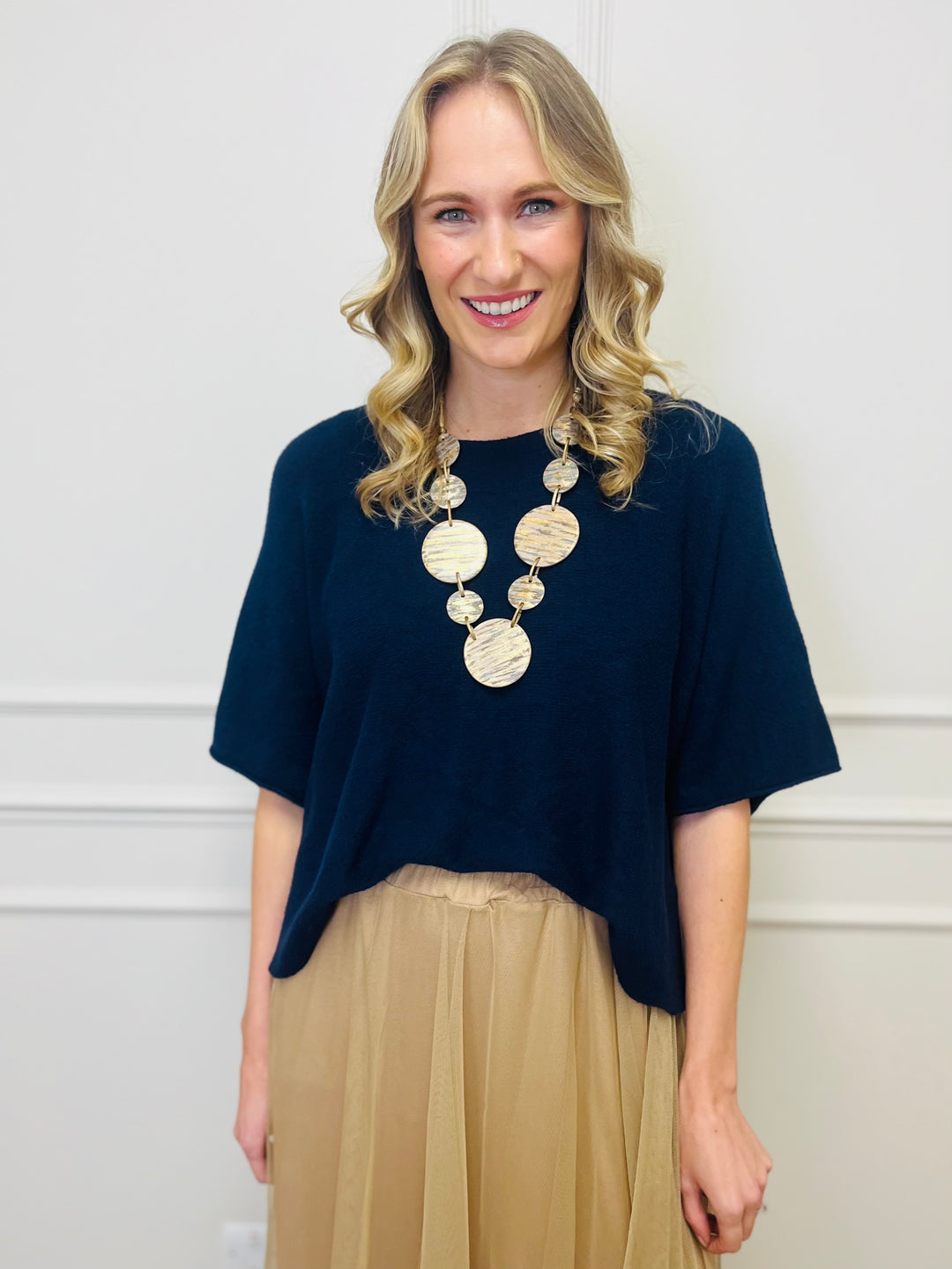 "ALICE” Short Sleeve Fine Knit-Navy