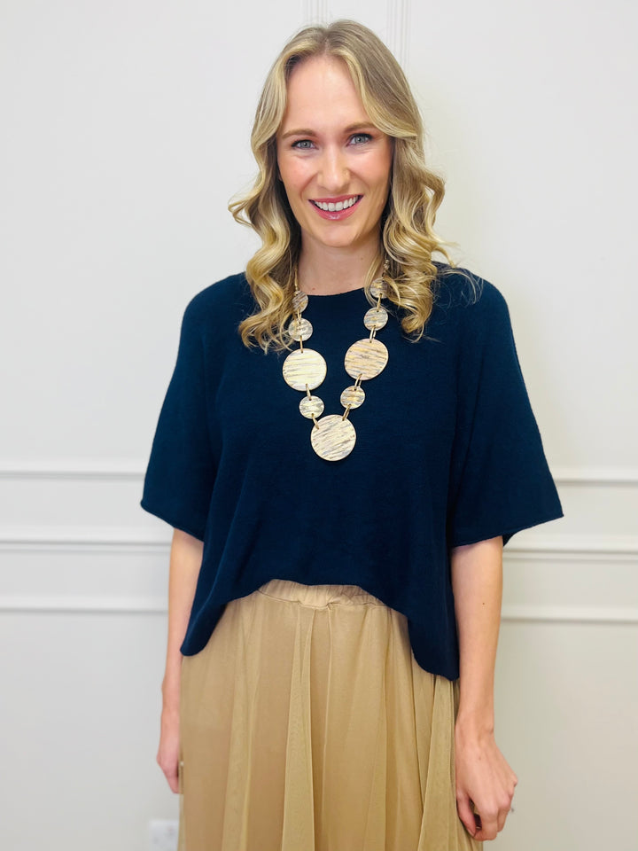 "ALICE” Short Sleeve Fine Knit-Navy