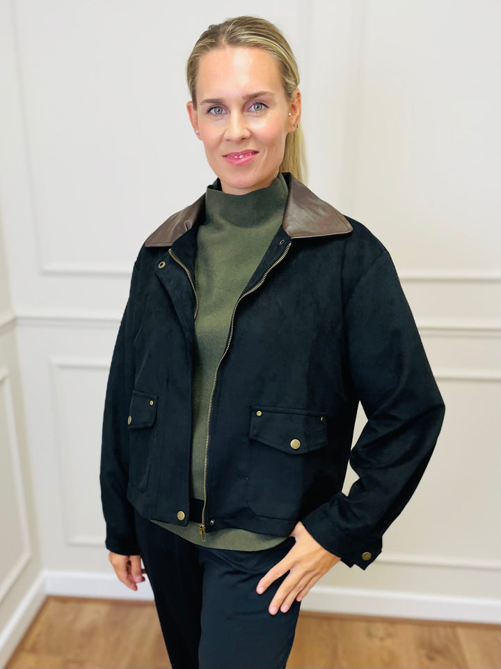 "NINA" Suede Bomber Jacket-Black