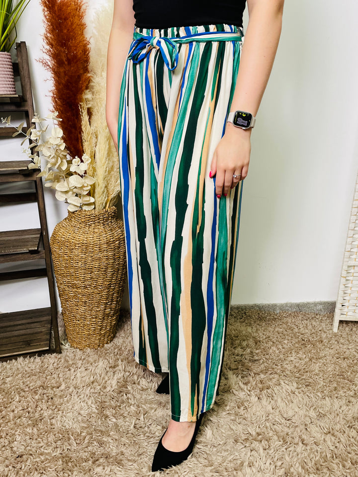 "ABIGAIL" Stripe Print Trousers-Cream/Blue & Green