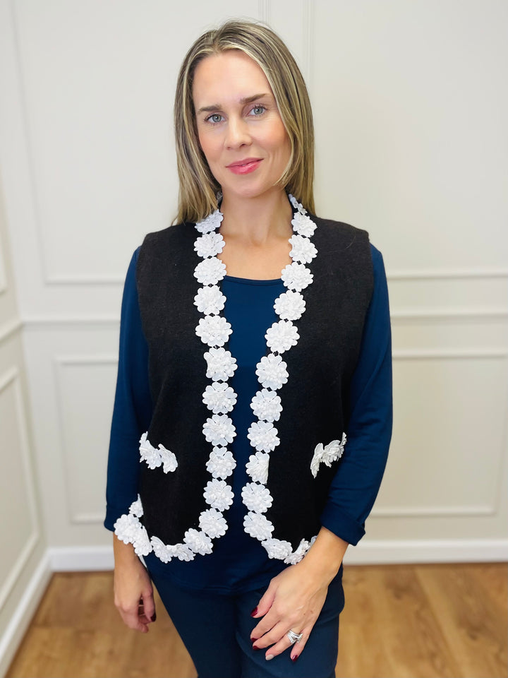 "MAGI" Floral Trim Gilet-Chocolate