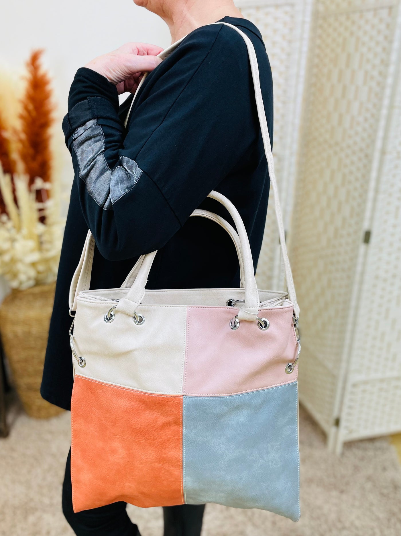 Colour Block Tote Handbag-Cream/Orange & Blue
