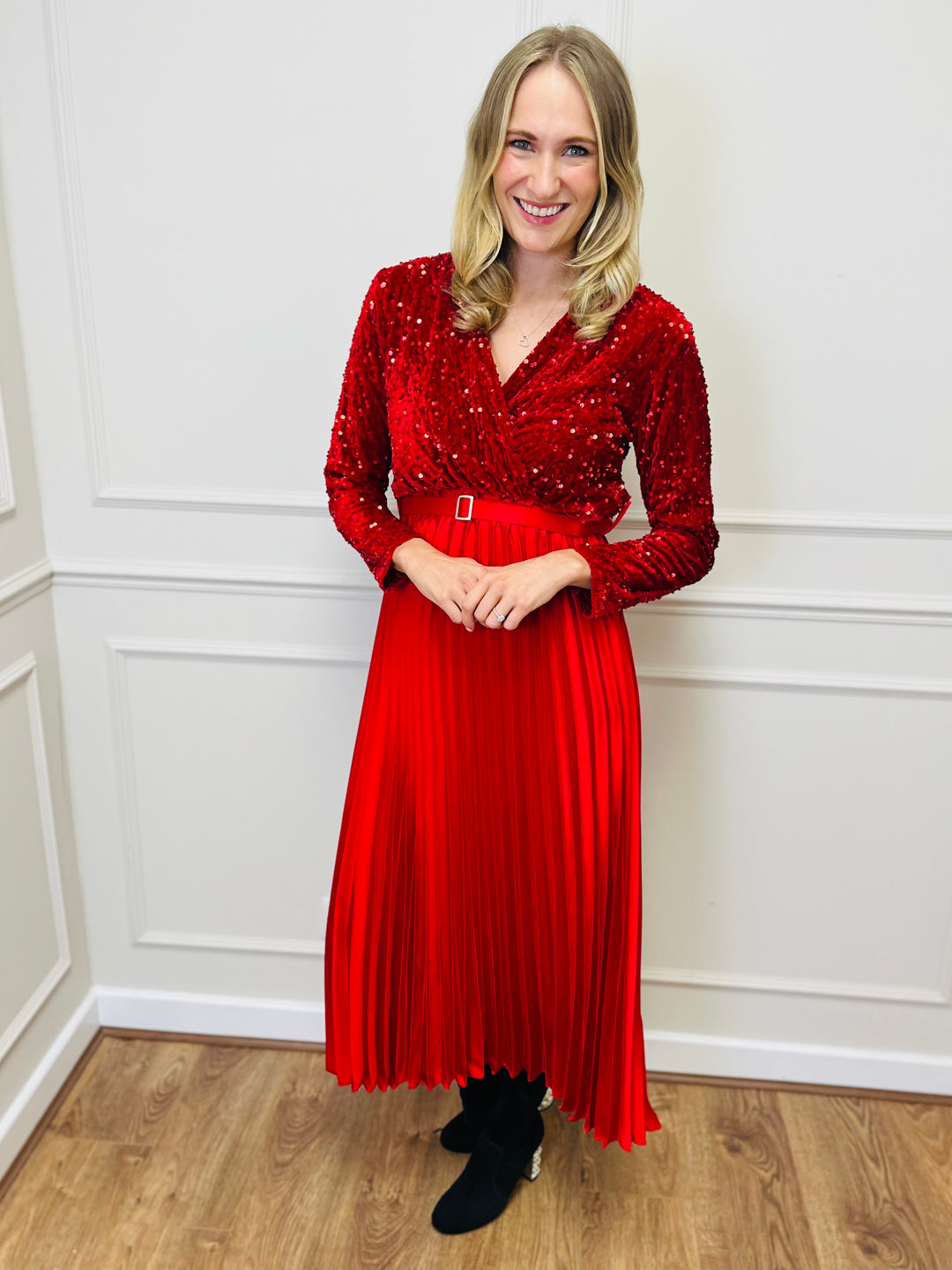 "ROSALIE" Pleated Dress-Red