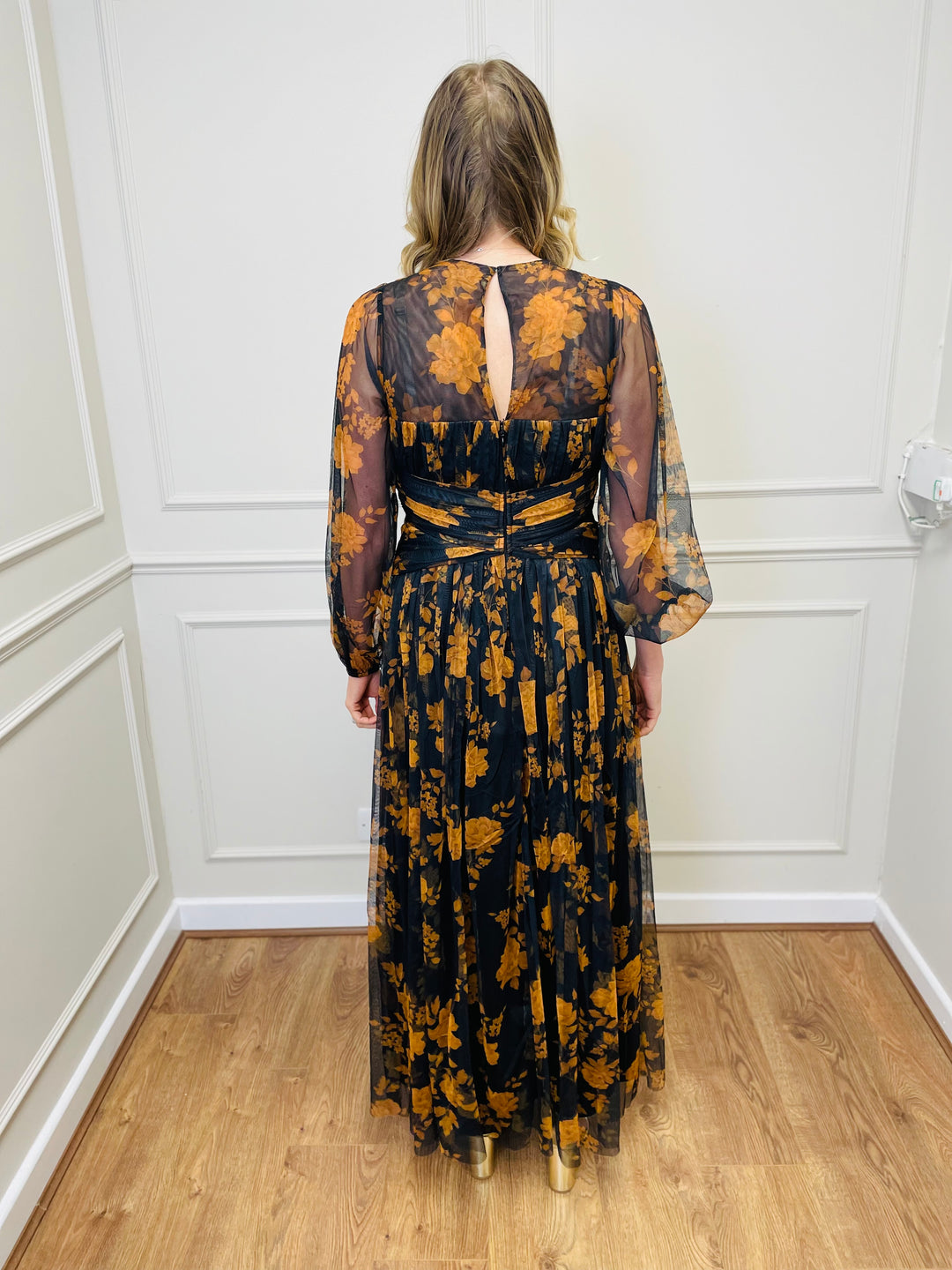 "STACEY" Chiffon Floral Dress-Black & Orange