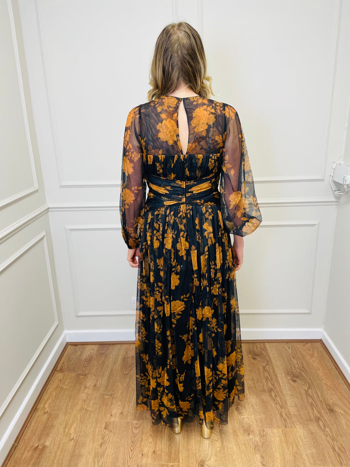 "STACEY" Chiffon Floral Dress-Black & Orange